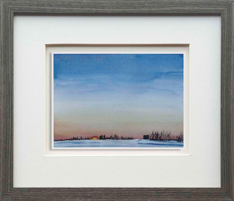Watercolour on paper of a sunrise over a snowy Alberta acreage.