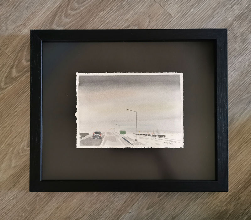 Watercolour on paper of Nov 17, 2020: Grey evening on a highway with a train running on the right.