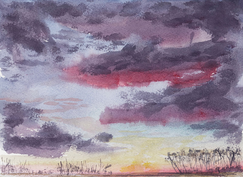 Watercolour on paper of Nov 12, 2020: a mainly red sunrise with dark purple clouds and a tree line over a brown field.