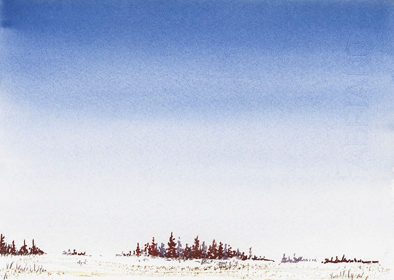 Watercolour on paper of Nov 11, 2020: a red tree line as a nod to Rememberance Day on a snowy field.