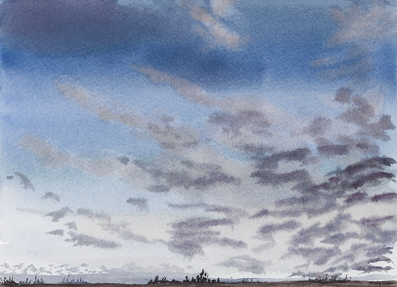 Soft purple clouds on a gradient blue sky over a brown tree lined grassy field.