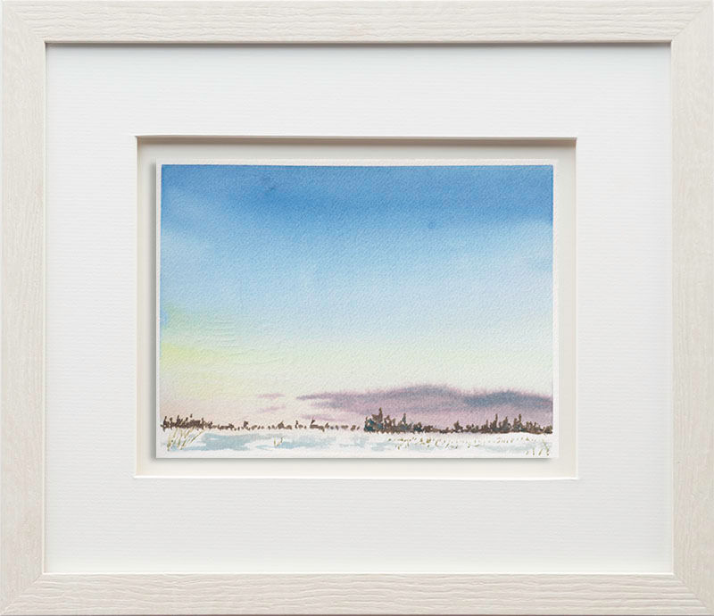 Watercolour on paper of February 02, 2020. Sunrise over a tree lined snowy field with a smidgen of purple clouds hovering.