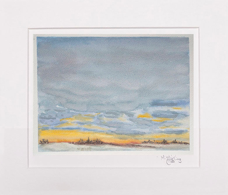 A wintery watercolour skyscape limited edition reproduction with the sun setting through heavy cloud cover.