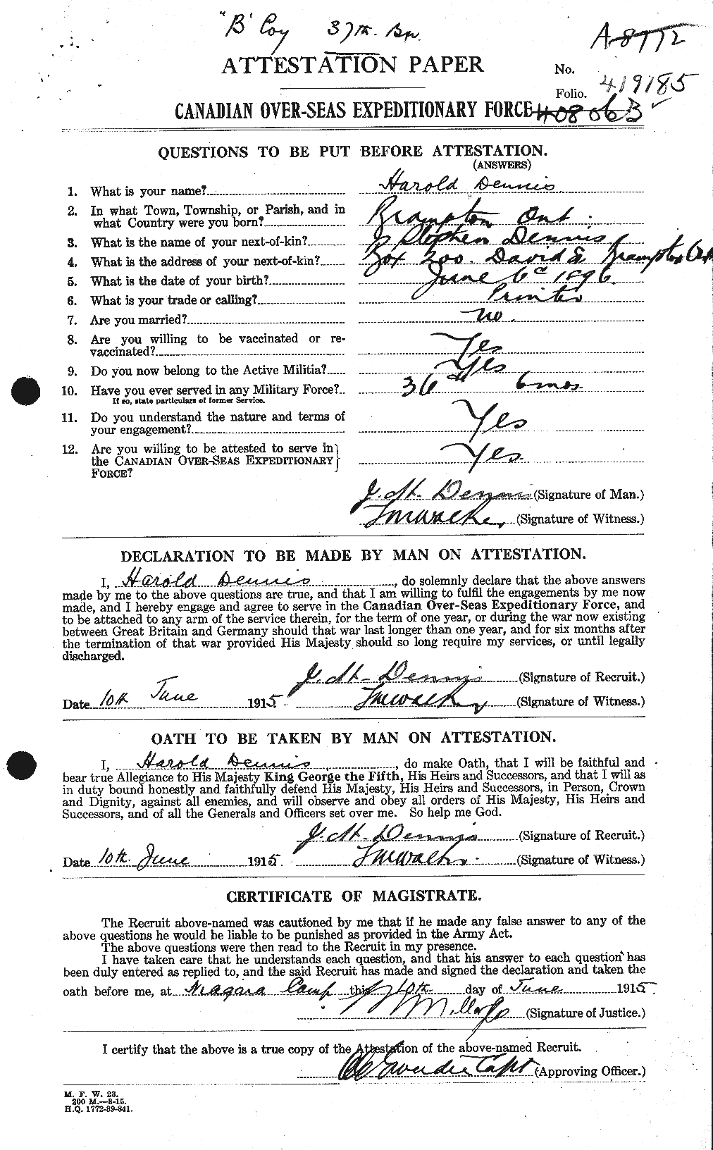 Dennis, John Harold 419185 - Attestation Papers Pg1