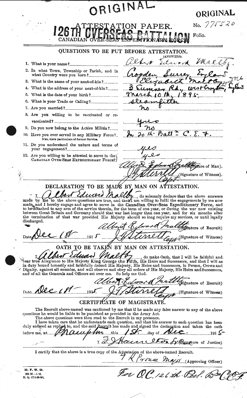 Maltby, Albert Edward 775520 Attestation Papers Pg1