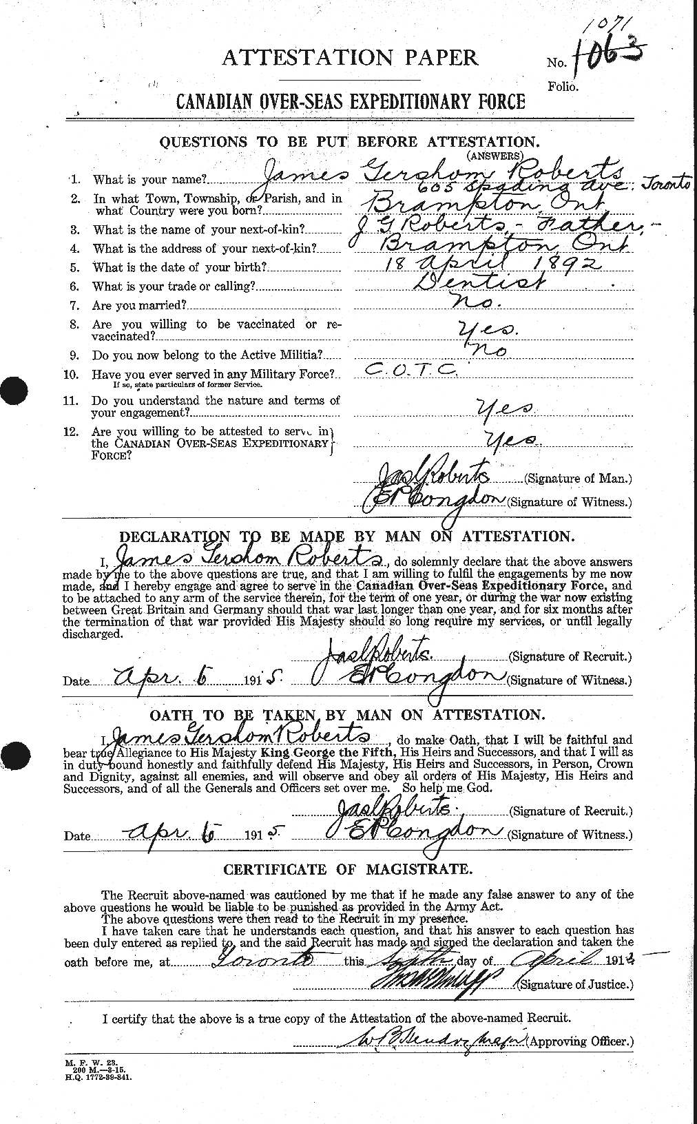 Roberts, James Gershom 1071 Attestation Papers Pg1