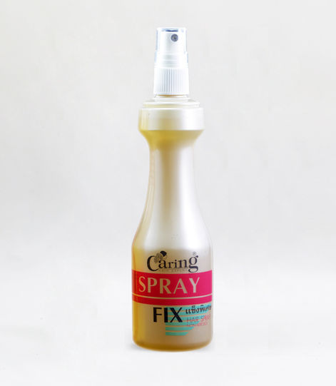 "Caring Sprayfix 220ml refillable strong hold hair spray, gold bottle with red stripe | แคริ่ง สเปรย์ ฟิกซ์ 220ml เติมได้ สเปรย์จัดแต่งทรงผม ขวดทองแถบแดง