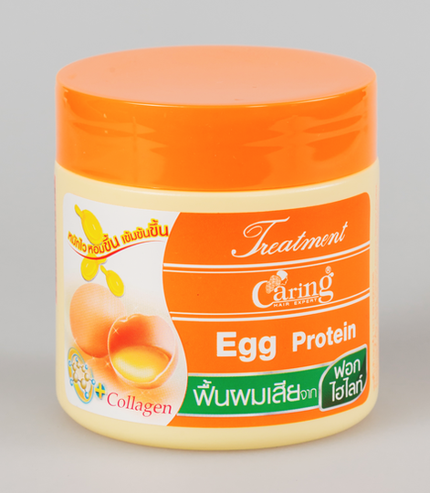 Caring Egg Protein Hair Treatment 100ml 250ml 500ml repairs damaged hair with egg protein, yellow bottle orange cap label | แคริ่ง โปรตีนไข่ ทรีทเม้นท์ 100ml 250ml 500ml ซ่อมแซมผมเสียด้วยโปรตีนไข่ ขวดเหลืองฝาส้มฉลากส้ม
