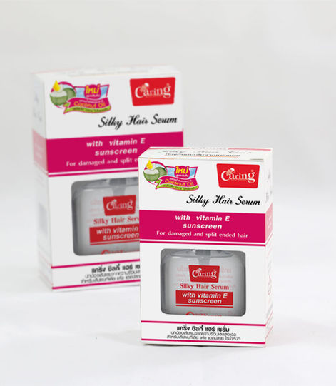 Caring Silky Hair Serum Hair Coat 30ml 85ml clear glass bottles red text Coconut Oil leave-in serum non-rinse | แคริ่ง ซิลกี้ แฮร์เซรั่ม แฮร์โค้ท 30ml 85ml ขวดแก้วใสตัวอักษรแดง โคโคนัทออยล์ เซรั่มไม่ล้างออก