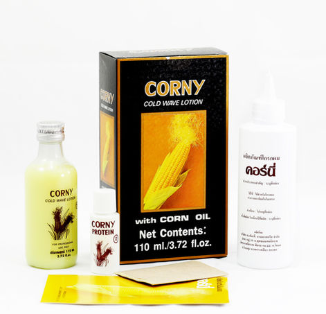 Caring Corny Cold Wave Lotion Formula 1 110ml for all hair types scented long-lasting curls, black box with gold corn image | แคริ่ง คอร์นนี่ โคลด์เวฟ โลชั่น สูตร 1 110ml ทุกสภาพผมมีกลิ่นหอมลอนยาวนาน กล่องดำภาพข้าวโพดทอง