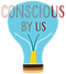 Blue lightbulb with a yellow base with the words Conscious By Us in red