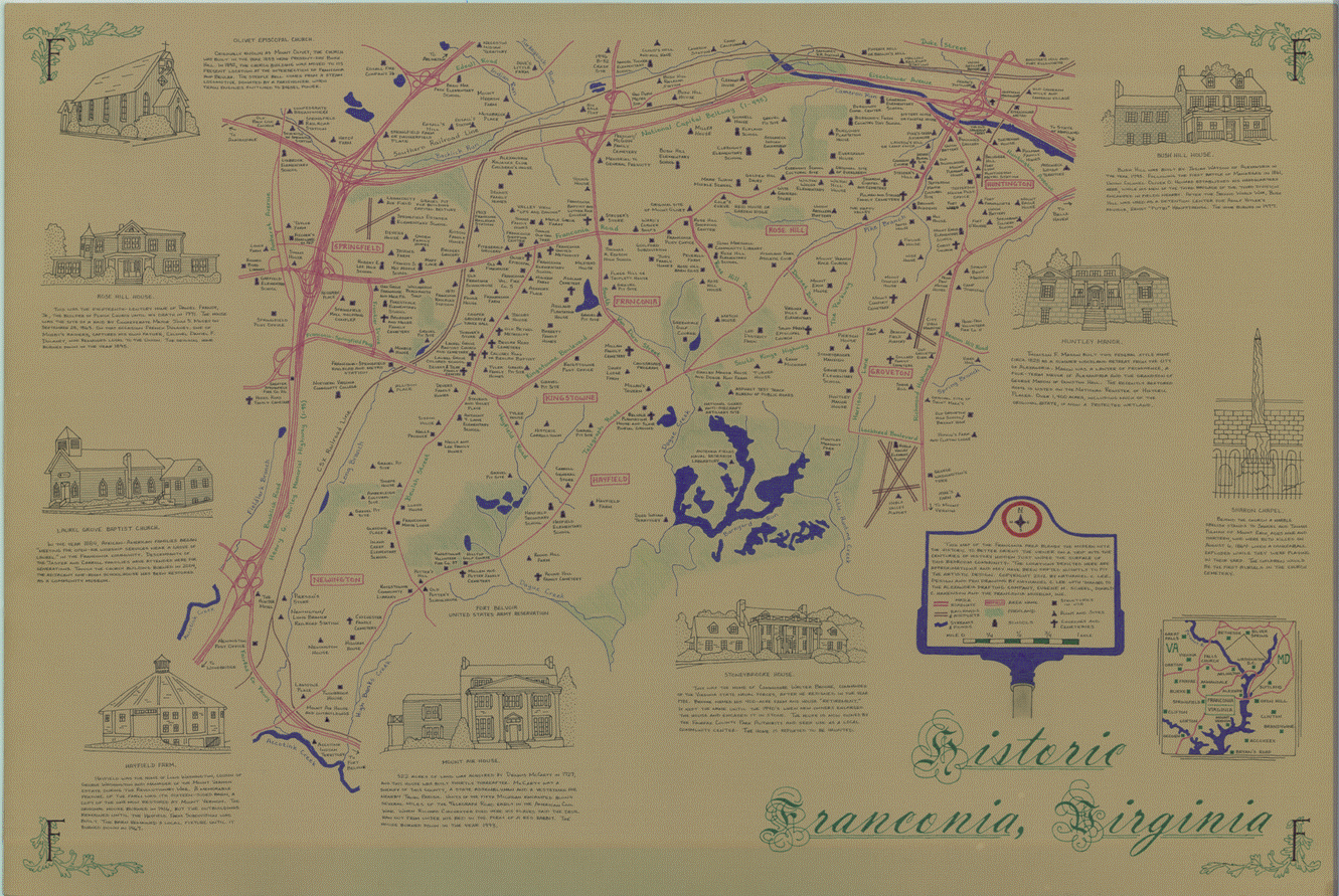 A hand-drawn map depicting historical sites in the Franconia neighborhood and surrounded by sketches of prominent buildings.