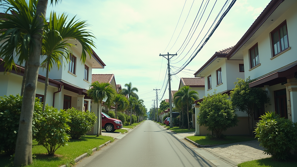 Wide angle view of a residential neighborhood in Cavite with houses and greenery