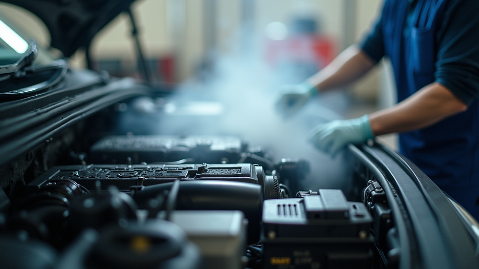 Eye-level view of a clean engine bay after steam cleaning