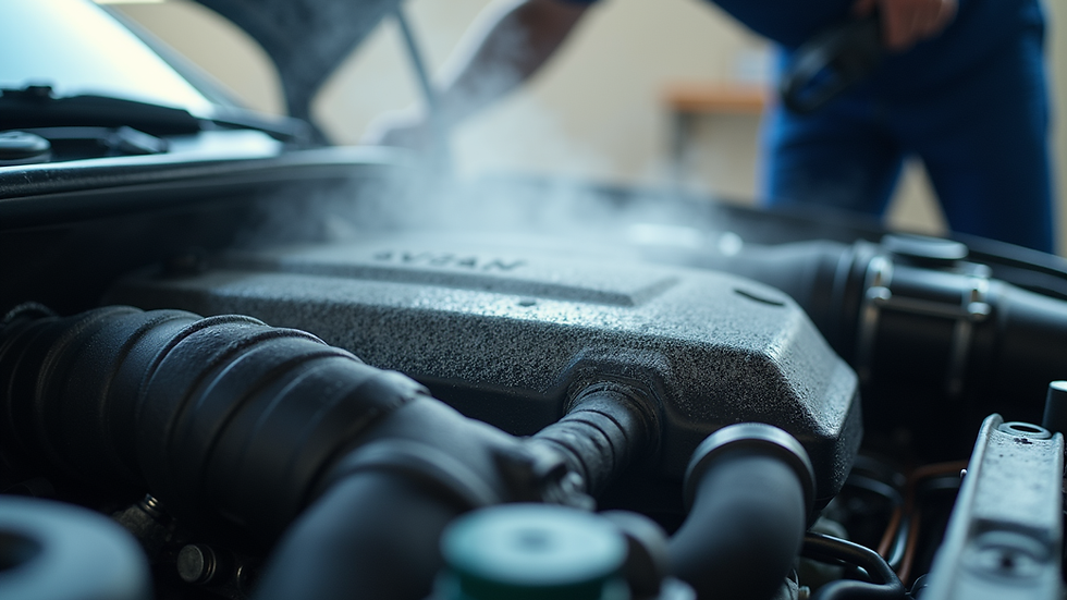 Eye-level view of a clean car engine after steam cleaning