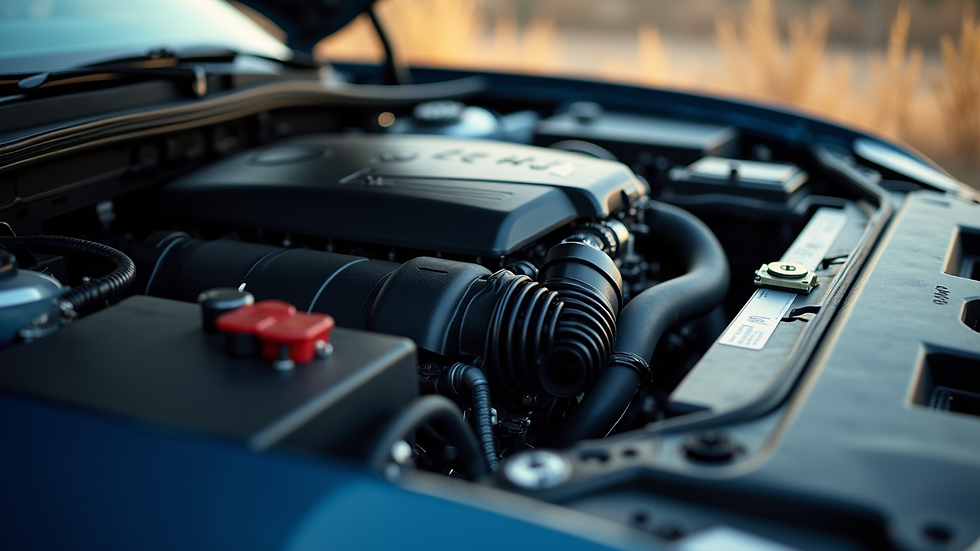 Eye-level view of a car engine bay with clean and shiny components