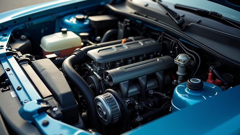High angle view of a clean engine bay with visible components