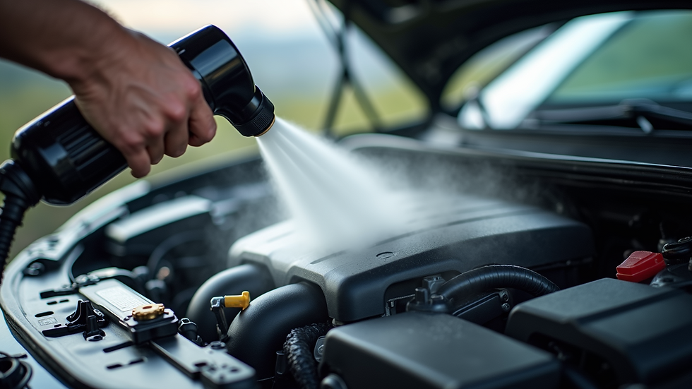Close-up view of car engine bay being cleaned with steam