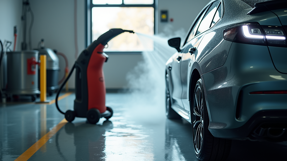 High angle view of a professional steam cleaning machine next to a car