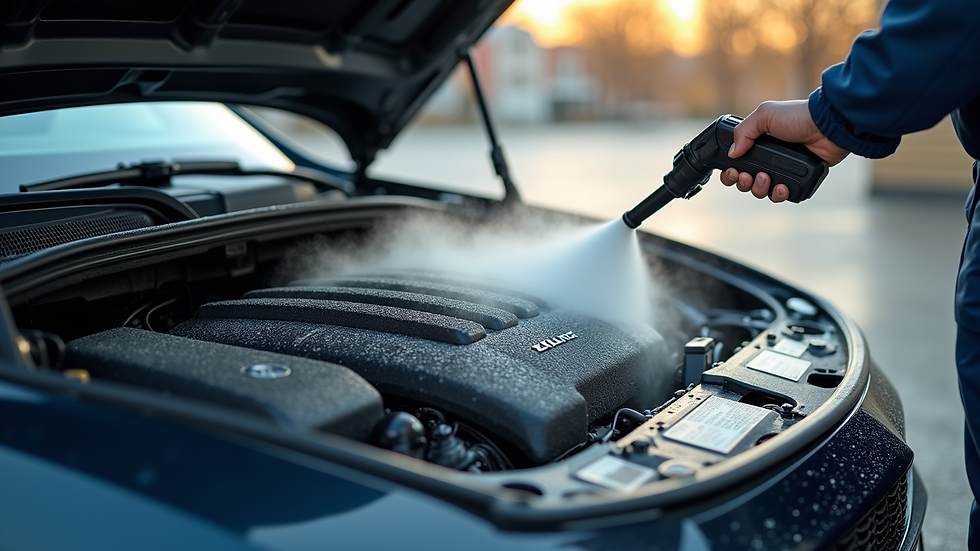 Close-up view of a car engine bay being steam cleaned