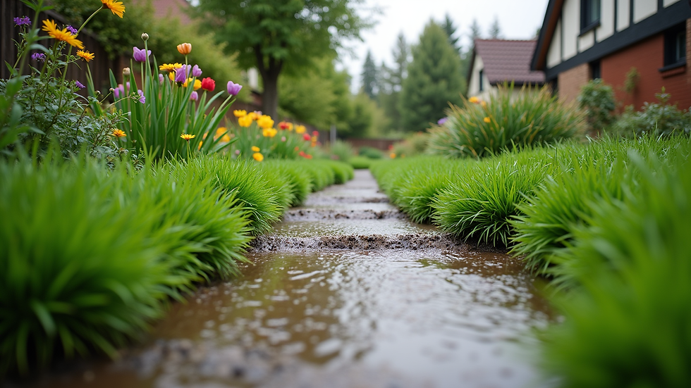 Wide angle view of a rain garden designed to improve yard drainage