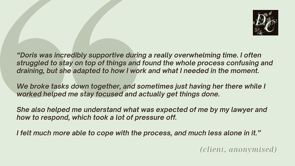 Testimonial text with large quotes on a pale background, client feedback praising "Doris" for support and focus. Logo "DC²" in the corner.