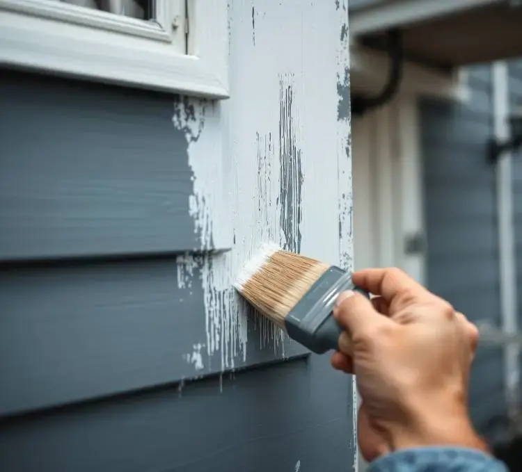 Mão pintando parede externa azul com pincel e tinta branca. Movimento de pintura em destaque. Muro e moldura de janela ao fundo.