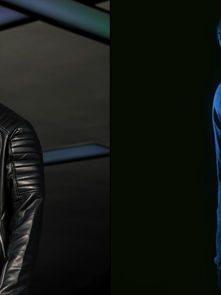 Two images side by side: left shows a person in a black leather jacket with a neutral expression; right shows the same person in silhouette, hands clasped, under purple and blue light.