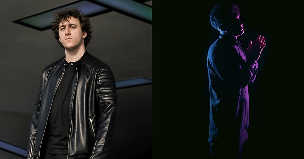 Two images side by side: left shows a person in a black leather jacket with a neutral expression; right shows the same person in silhouette, hands clasped, under purple and blue light.