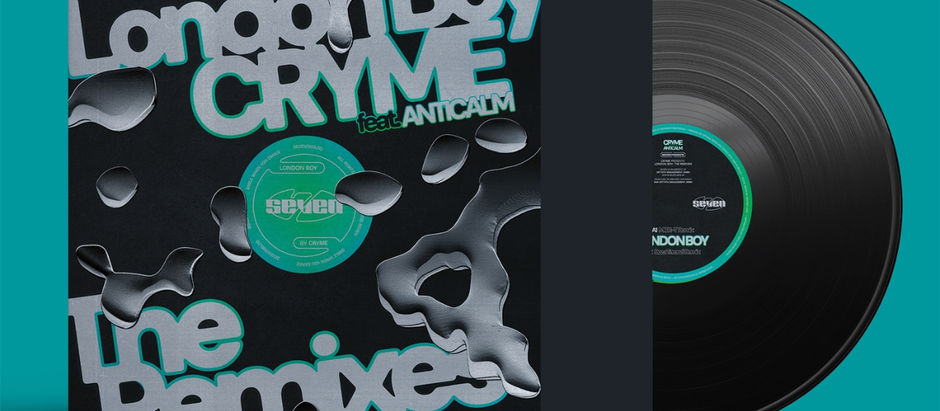 Man with glasses holds a vinyl cover titled "London CRYME The Remixes." Dark background, casual mood, with visible tattoos.