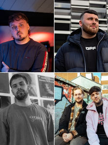 Collage of eight men, some posing individually, others in pairs. Varied expressions and clothing against urban and studio settings.