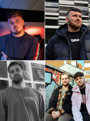 Collage of eight men, some posing individually, others in pairs. Varied expressions and clothing against urban and studio settings.