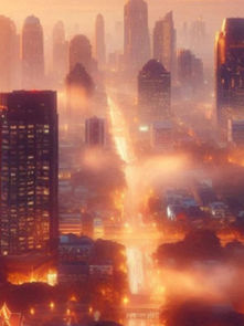 A foggy cityscape at sunrise, with skyscrapers shrouded in mist. Warm orange lights illuminate the buildings, creating a serene ambiance.