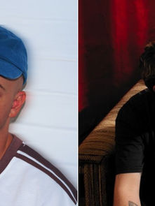 Two men side by side; left wears a blue cap, white shirt, against a white background. Right is on a sofa with red walls, looking pensive.