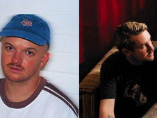 Two men side by side; left wears a blue cap, white shirt, against a white background. Right is on a sofa with red walls, looking pensive.