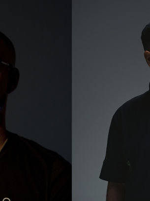Split-screen fashion portraits of two men in sunglasses on dark backgrounds, one with green hair and a cross necklace.