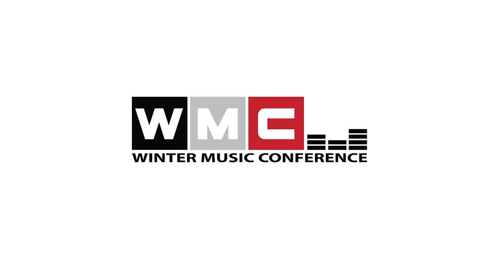 WMC logo with black, gray, red blocks and text "Winter Music Conference" below. Stylized bars on the right, white background.