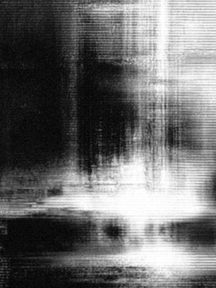Abstract black-and-white glitch image with bright horizontal light streaks and blurred dark shapes, eerie and static-like