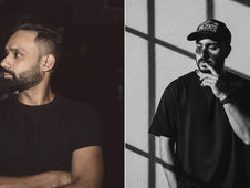 Side-by-side portraits of a bearded man in black: left in color, arms crossed; right in B&W, wearing CLIENTE cap, finger to lips.