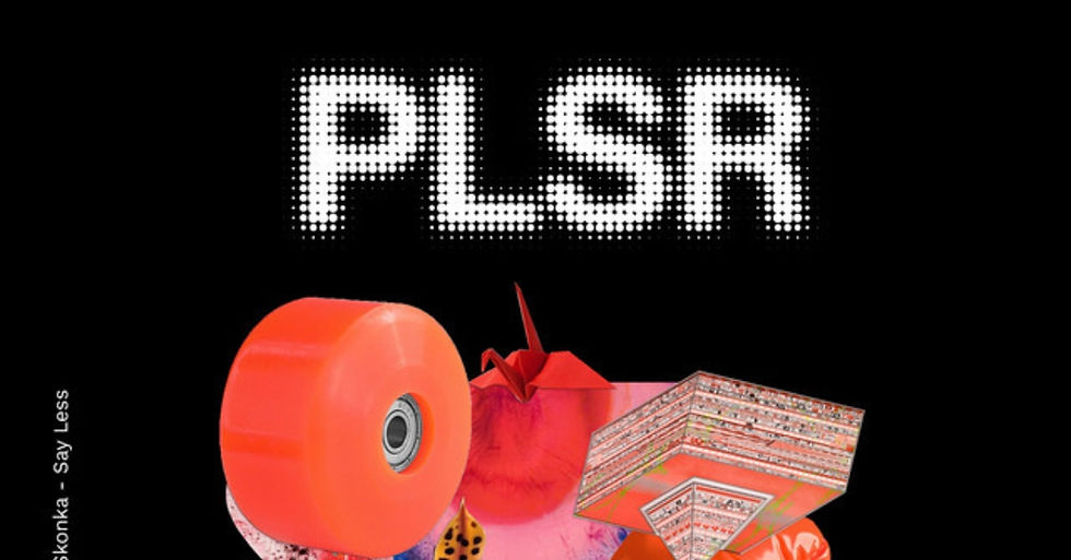 Black poster with dotted white PLSA text above a colorful abstract collage of geometric shapes and an orange cylinder.