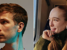 Split portrait of a man in teal light and a smiling woman on a train, both looking off-camera.