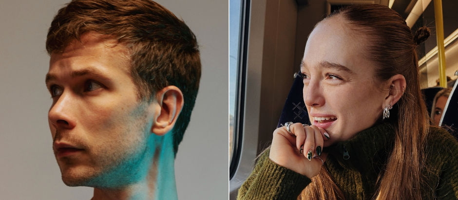 Split portrait of a man in teal light and a smiling woman on a train, both looking off-camera.