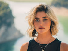 Blonde woman in a black top stands by a river with blurred cliffs behind her, looking calmly at the camera.