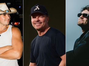 Three portrait photos of smiling men in a cowboy hat, baseball cap, and sunglasses against dark and blue backgrounds