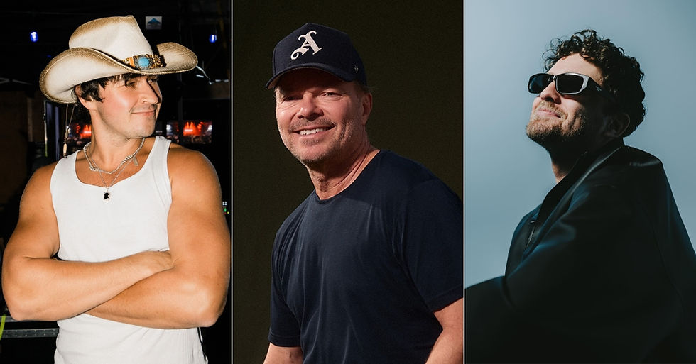 Three portrait photos of smiling men in a cowboy hat, baseball cap, and sunglasses against dark and blue backgrounds