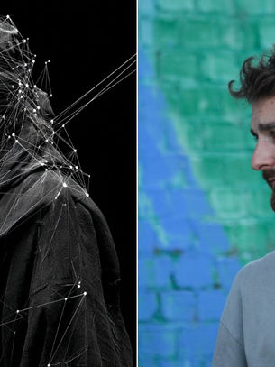 Split image: Left, a ninja in black with network lines, holding a sword. Right, a man touching his neck, in front of a green-blue wall.