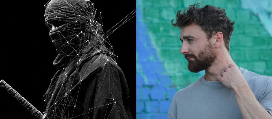 Split image: Left, a ninja in black with network lines, holding a sword. Right, a man touching his neck, in front of a green-blue wall.