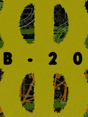 Abstract green-and-orange poster with a large yellow TB-203 in the center, layered graphic patterns, and retro collage style.