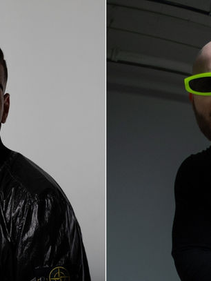 Two men in a split image. Left: man in a black jacket, neutral expression. Right: bald man wearing bright green sunglasses, intense gaze.