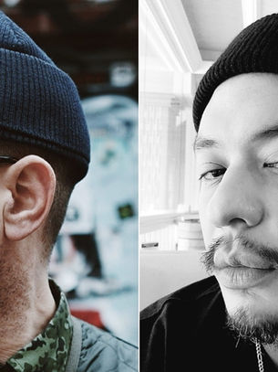 Side-by-side portraits of two men in knit beanies: one in glasses in profile, the other in a black-and-white selfie, both serious.